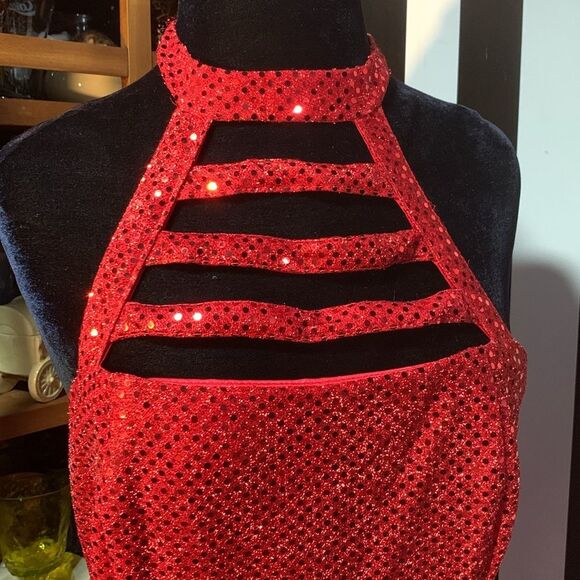 Sexy Retro Vintage 90s Red Sequin Floor Length Formal Gown Halter Neck Leg Slit - Picture 2 of 16